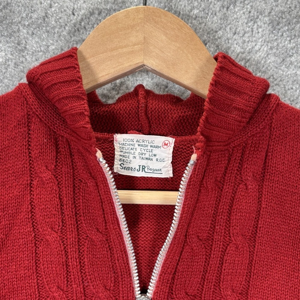 Vintage 70s Sears JR Bazaar Hooded Sweater Womens M Full Zip Red Cable Knit